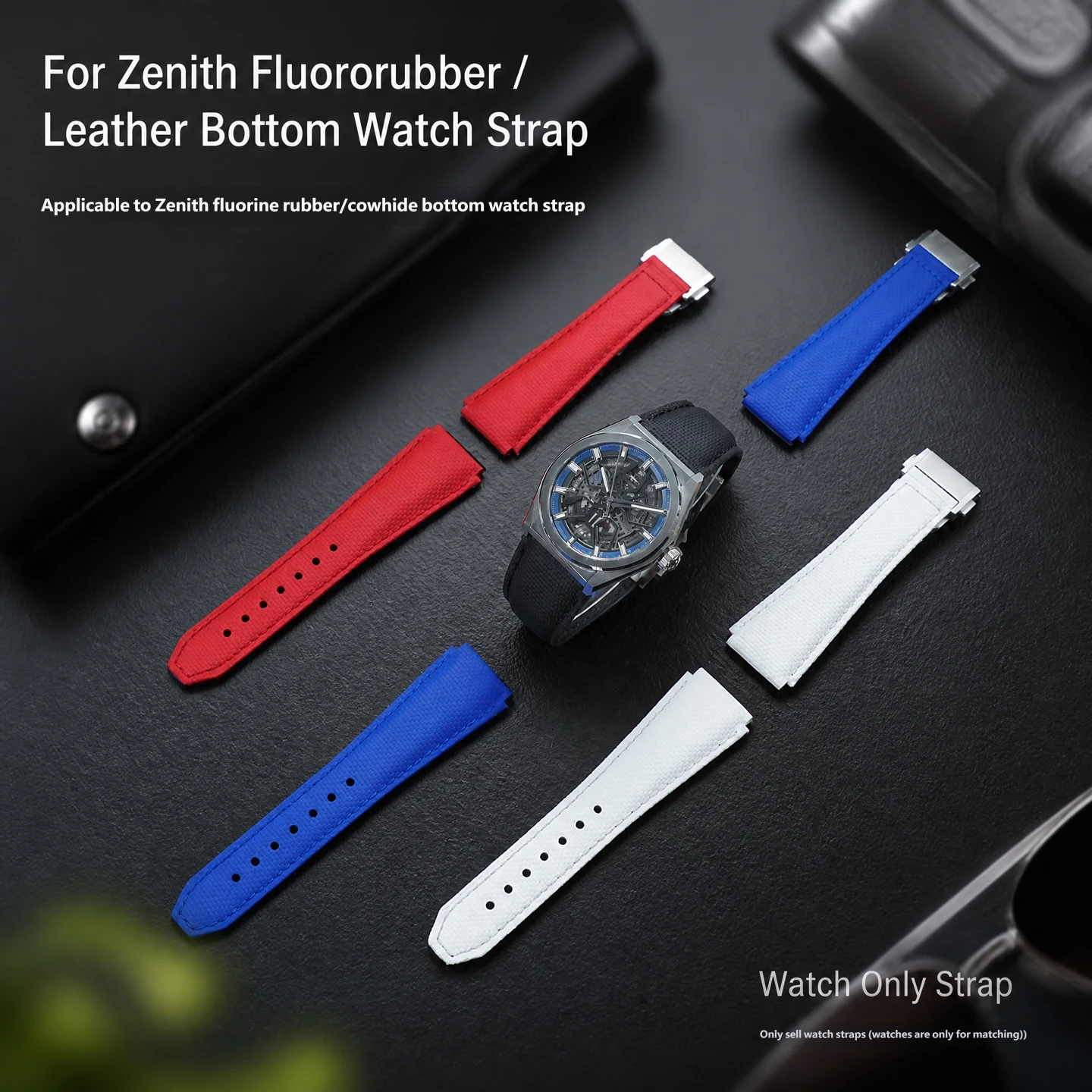 Compatible with the Zenith DEFY series 95.9000.670/9004 strap featuring a fluororubber face and a cowhide leather backing