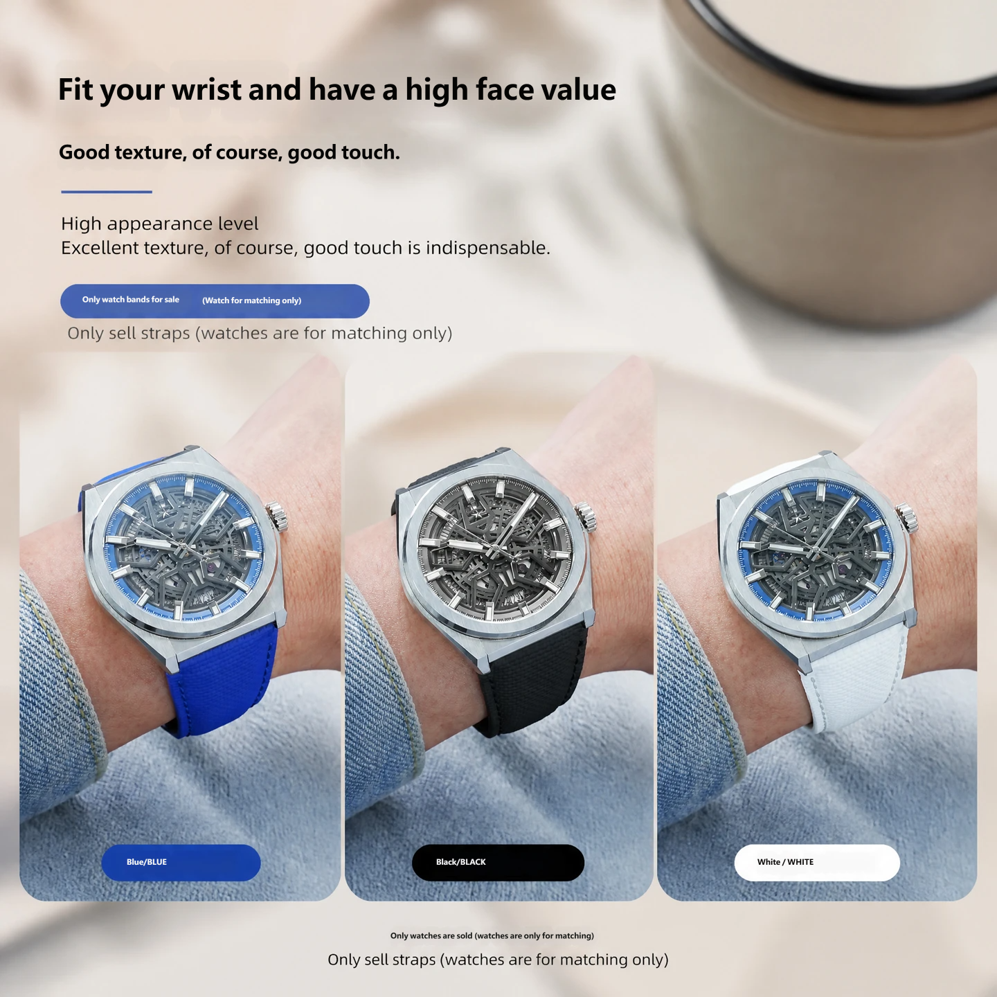 Compatible with the Zenith DEFY series 95.9000.670/9004 strap featuring a fluororubber face and a cowhide leather backing