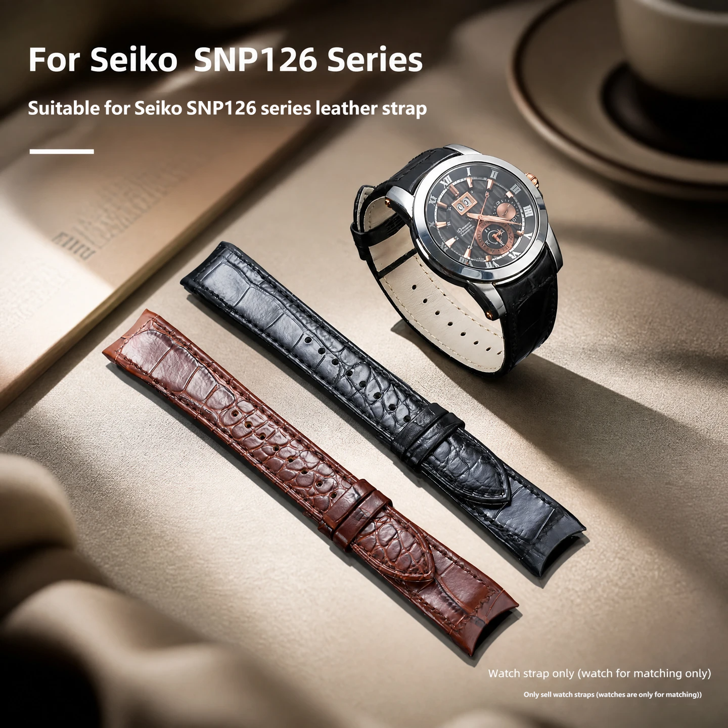 Compatible with Seiko Premier SNP126/127/128/129 curved genuine leather watch straps, 21mm