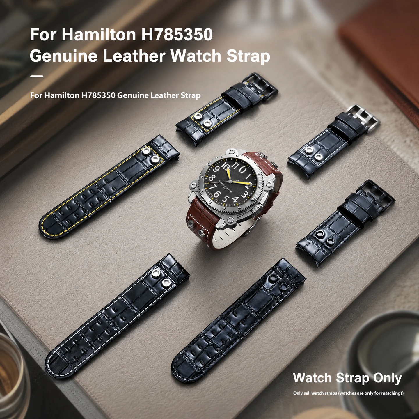 Compatible with Hamilton H785350 and H78585333 curved-end vintage genuine leather watch straps, 24mm