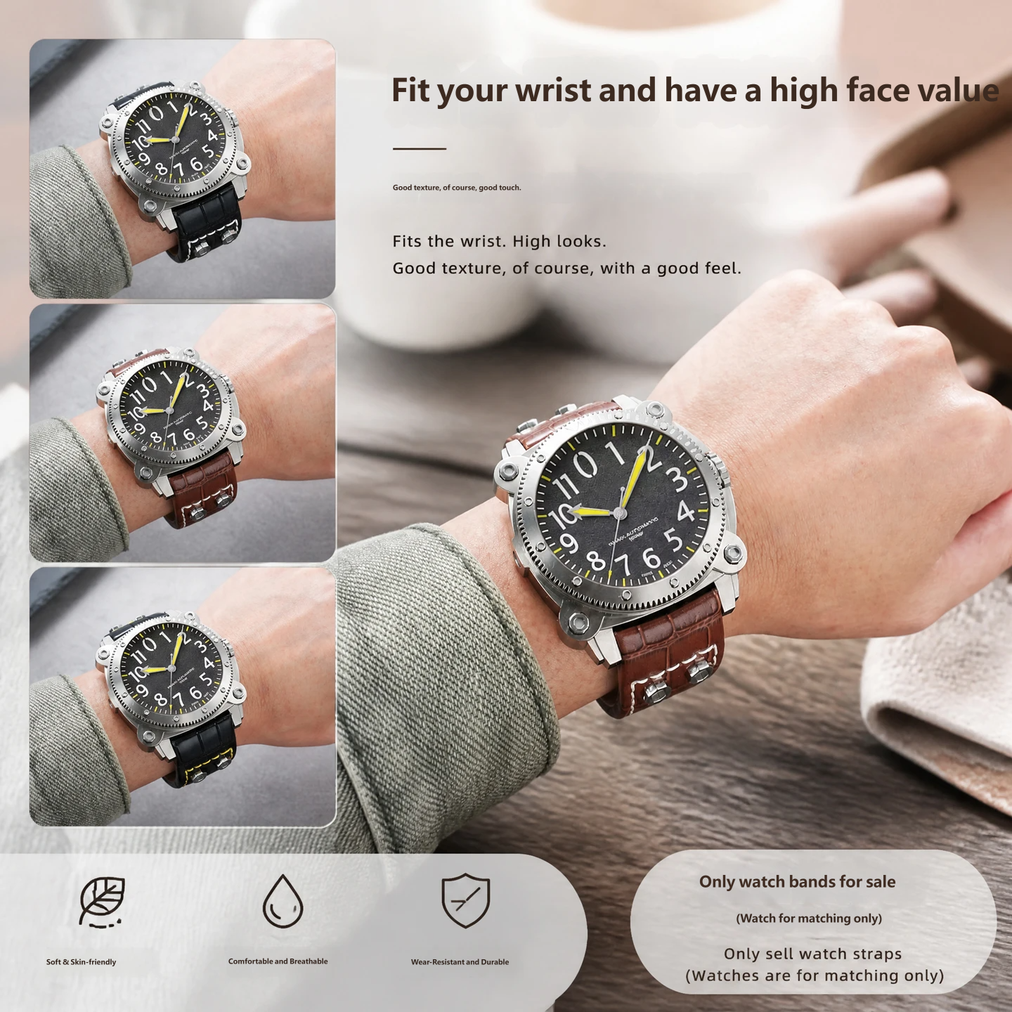 Compatible with Hamilton H785350 and H78585333 curved-end vintage genuine leather watch straps, 24mm