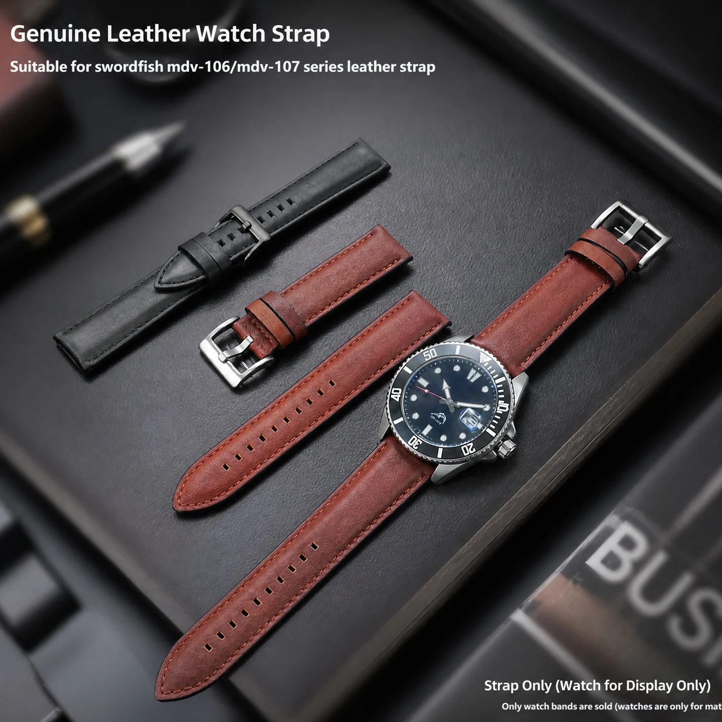 Compatible with Casio Swordfish MDV-106/107 retro genuine leather watch straps for men, 22mm