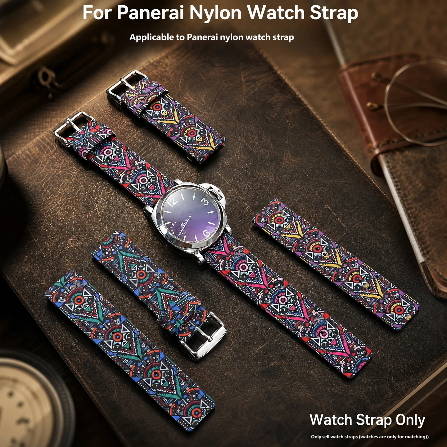 Compatible with the Panerai PAM111 441 watch strap, featuring a nylon face and genuine leather backing, 22–24 mm