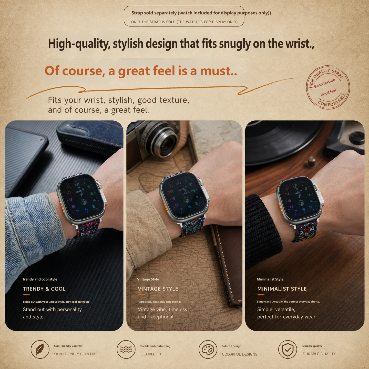 Compatible with Apple Watch Series 10; nylon and canvas strap suitable for Series 9, 8, 7 and 6; breathable Ultra 3 strap