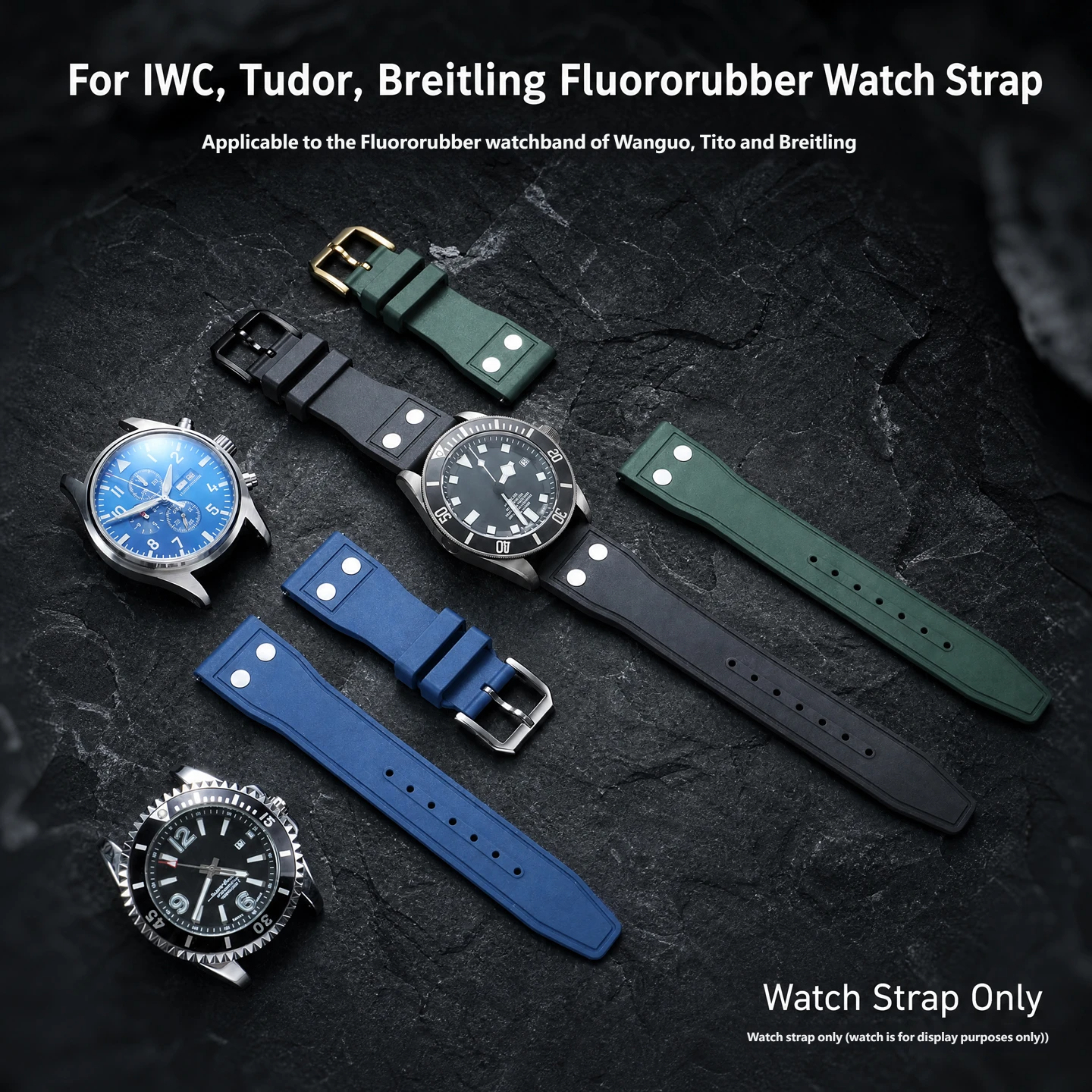 Water- and sweat-resistant fluororubber watch straps compatible with IWC, Tudor and Breitling watches – 20, 21 and 22 mm