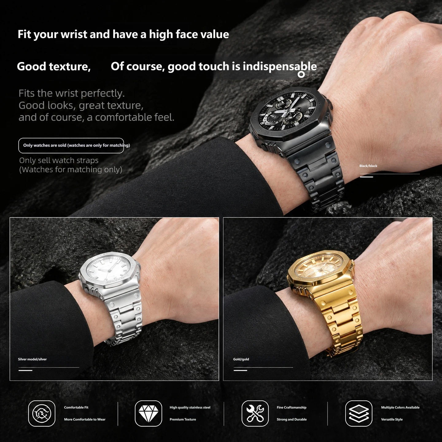 Stainless steel watch strap compatible with the Casio GM-B2100 and GMC-B2100