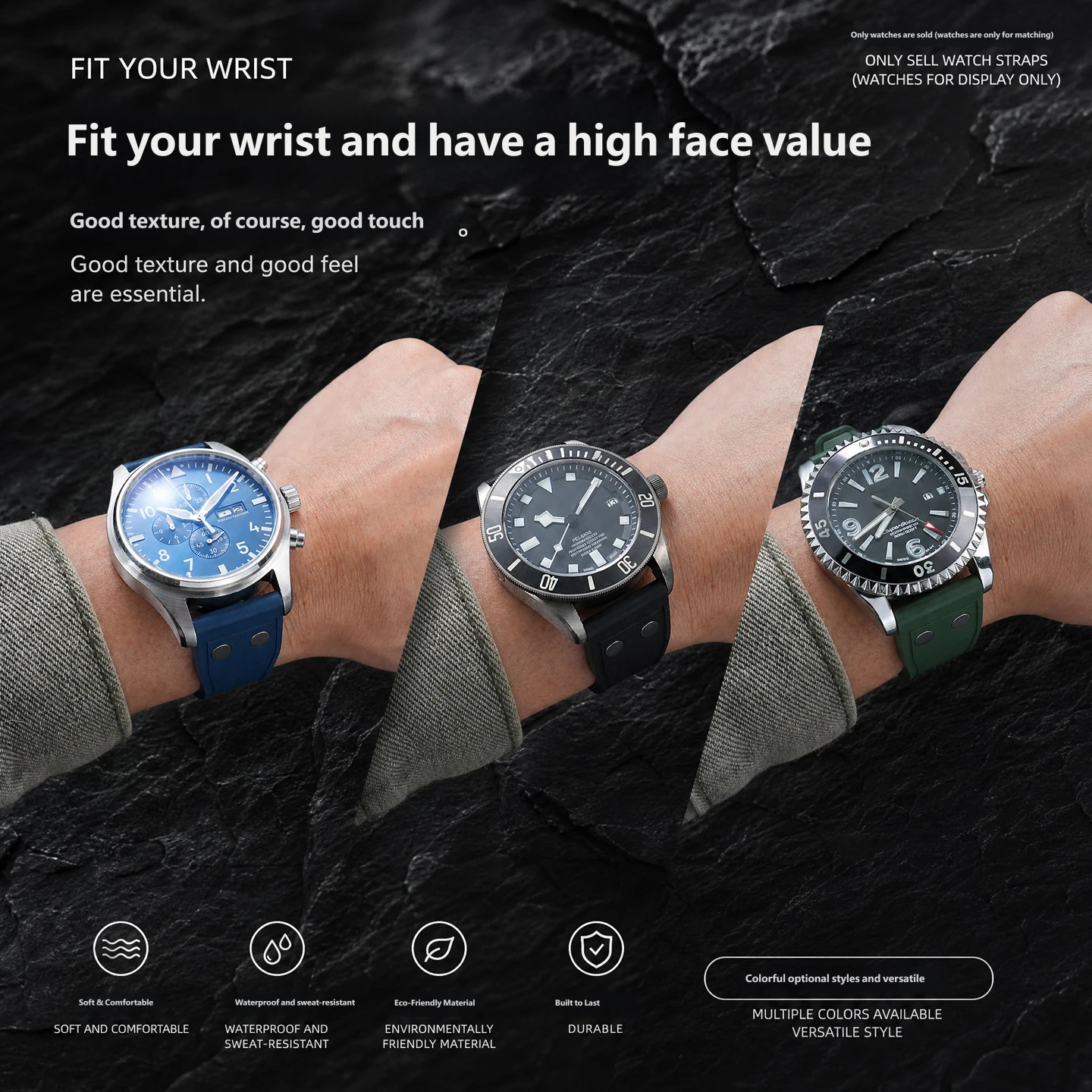 Water- and sweat-resistant fluororubber watch straps compatible with IWC, Tudor and Breitling watches – 20, 21 and 22 mm