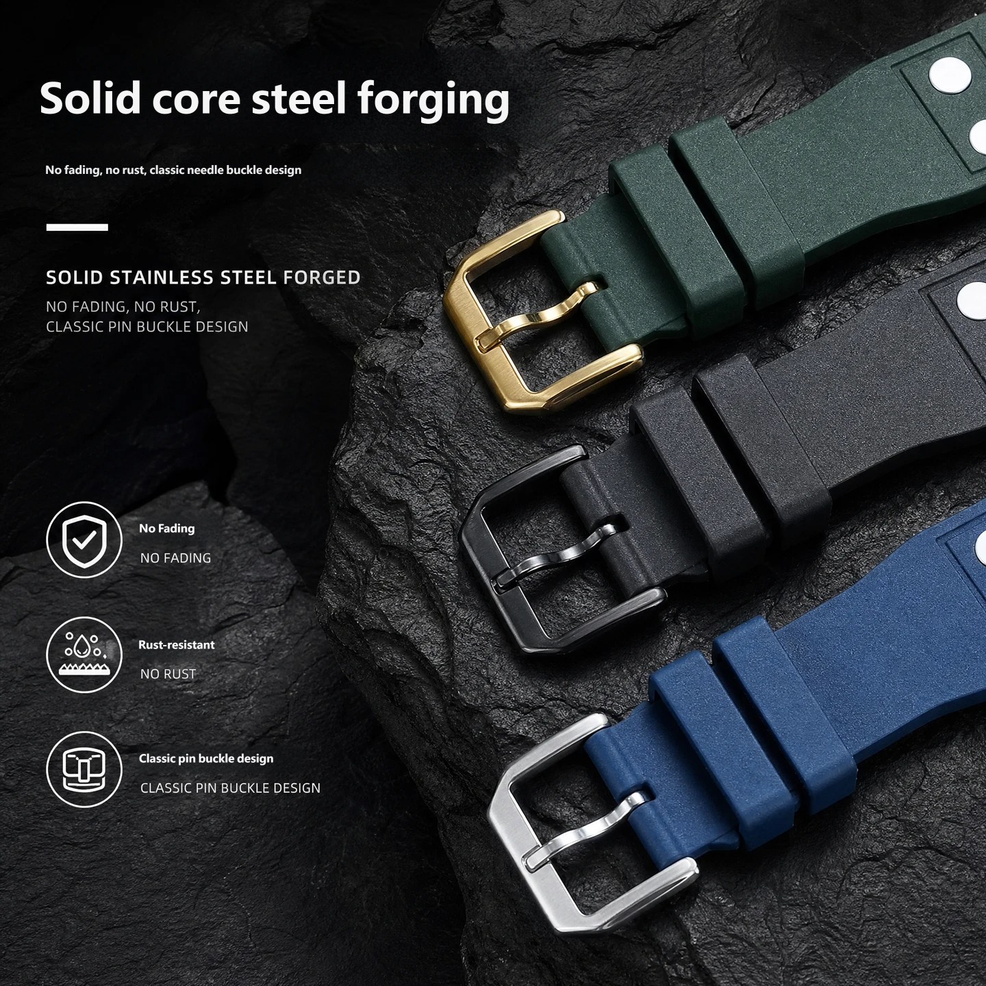 Water- and sweat-resistant fluororubber watch straps compatible with IWC, Tudor and Breitling watches – 20, 21 and 22 mm