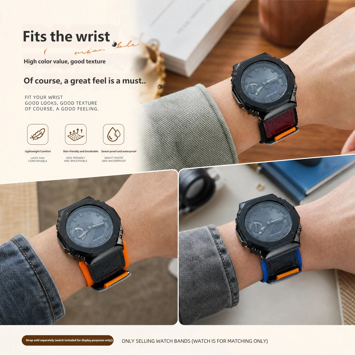 Compatible with Casio GA-2100/2110: Customised Velcro nylon canvas watch strap, 16mm