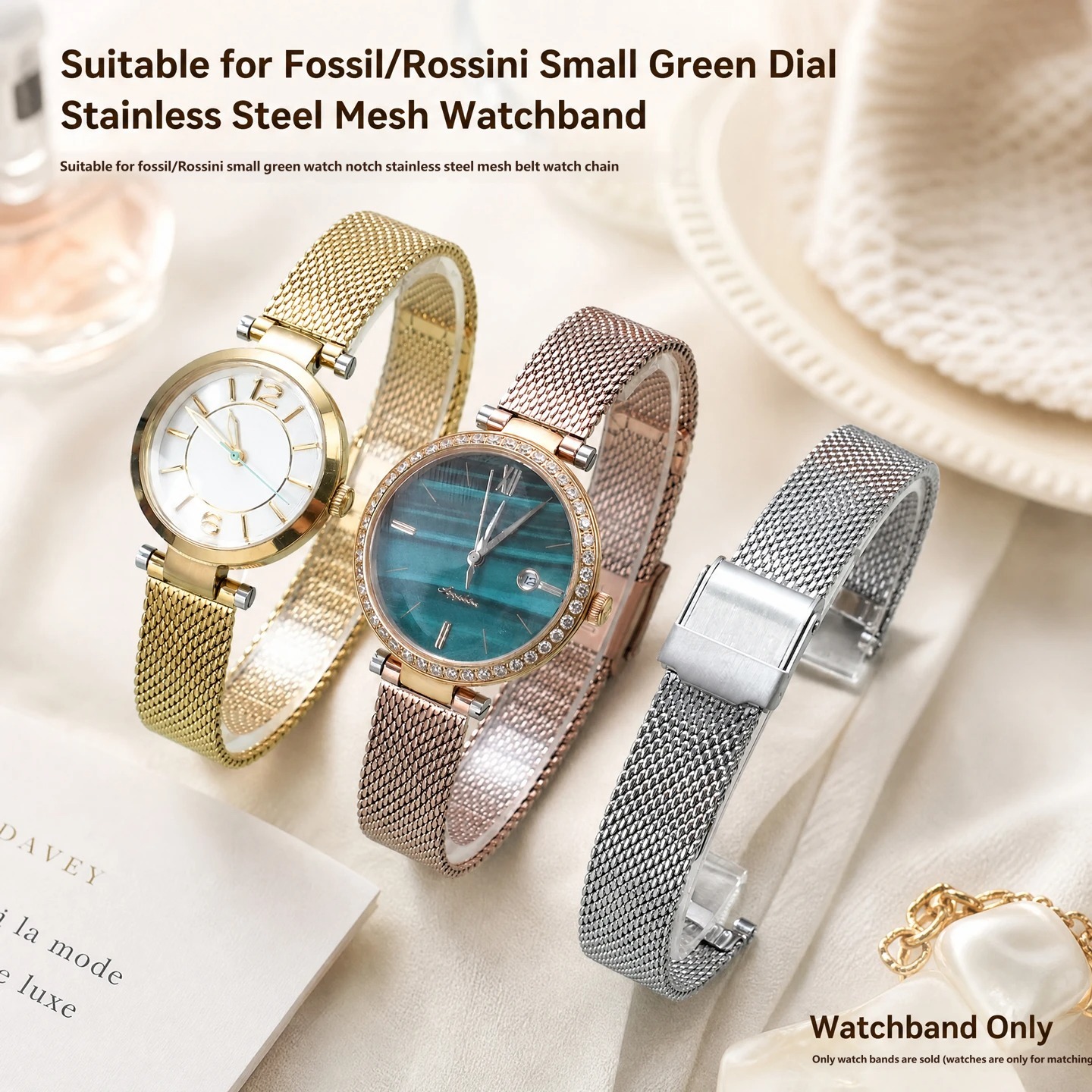 Stainless steel notched mesh strap compatible with Fossil/Rossini ‘Little Green’ watches, 12 × 7 mm