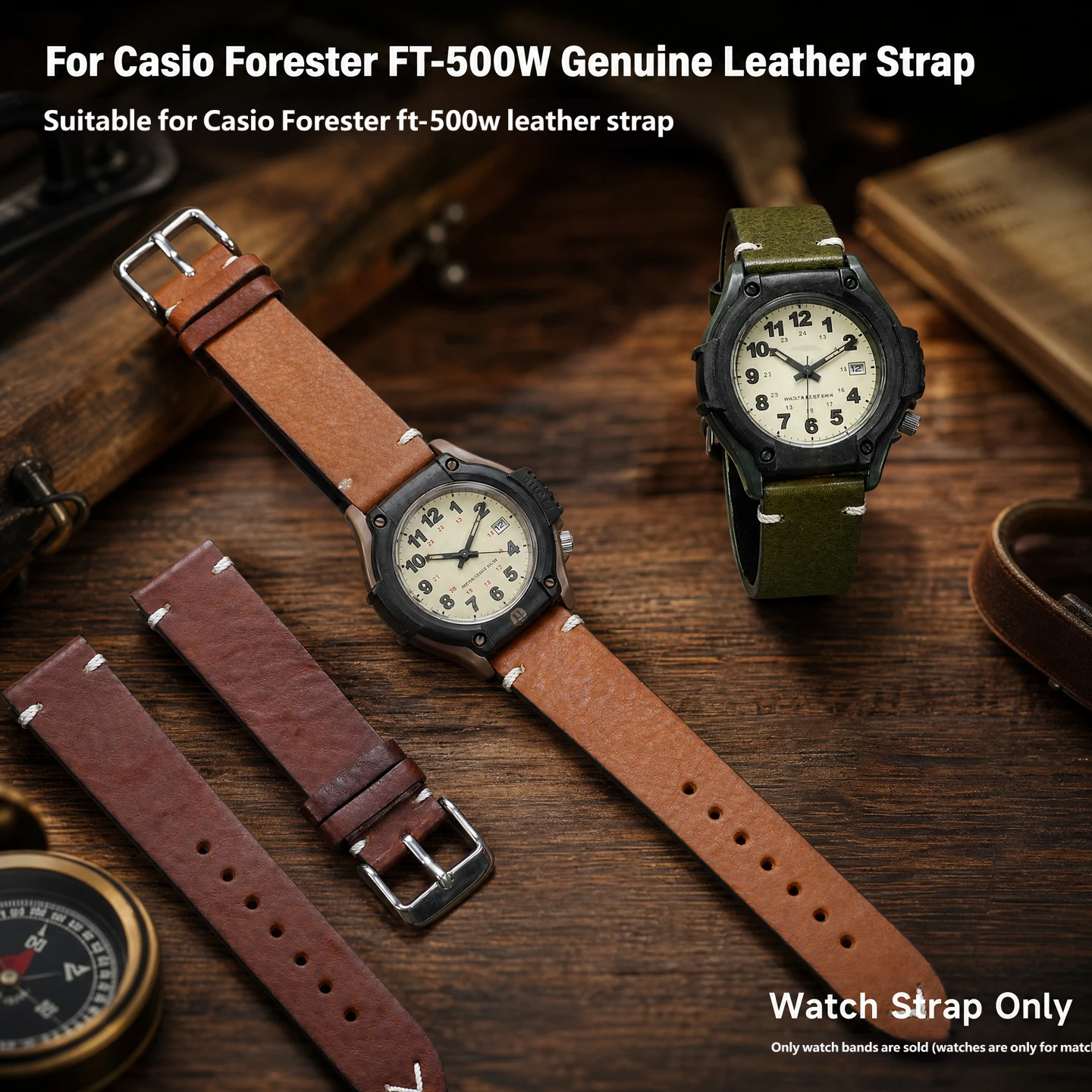 Compatible with Casio Forester FT-500WC AW-80V W89H vintage genuine leather strap, 19mm