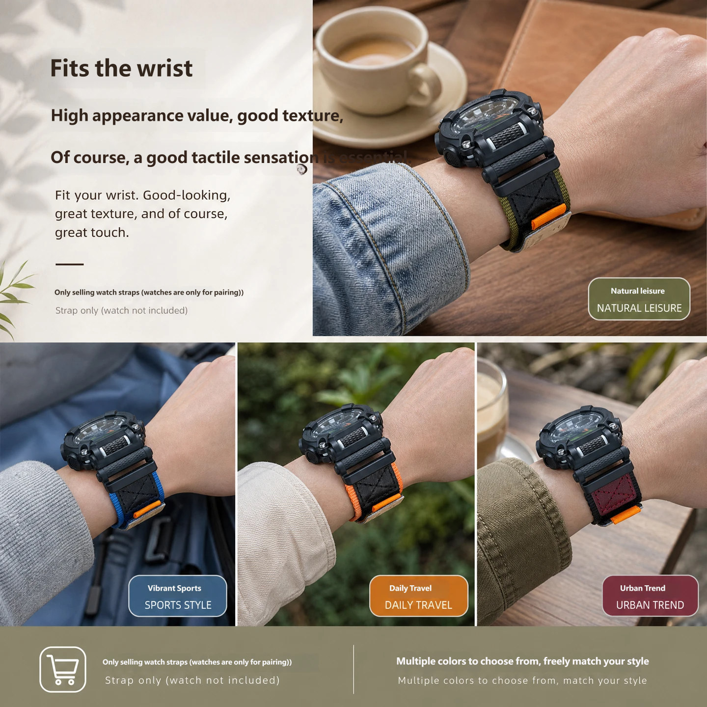 Compatible with Casio GA-900/GA-900TS sports watches – 24mm Velcro nylon strap