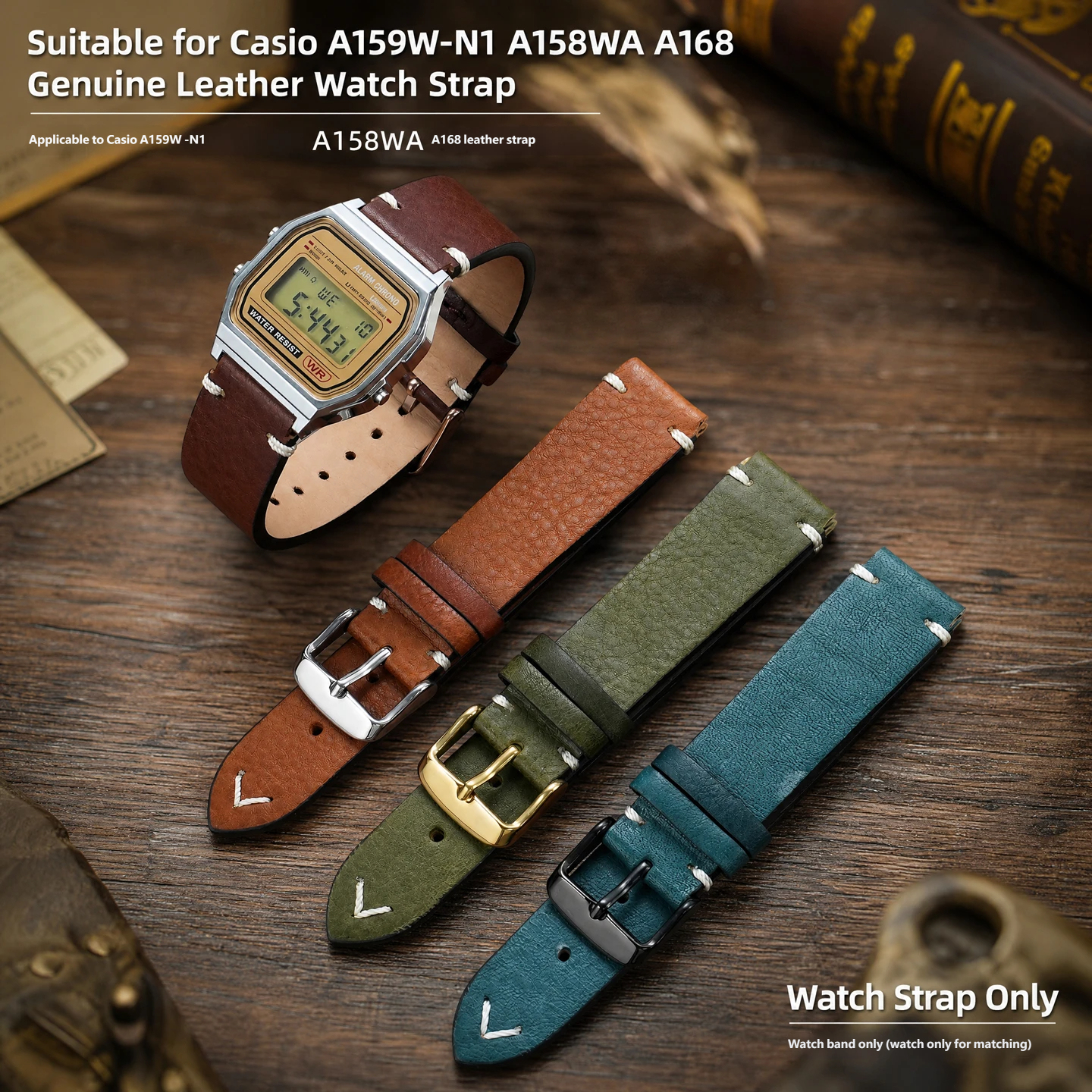 Retro genuine leather watch strap, 18mm, compatible with Casio A159/A158/A168/AE-1200 models