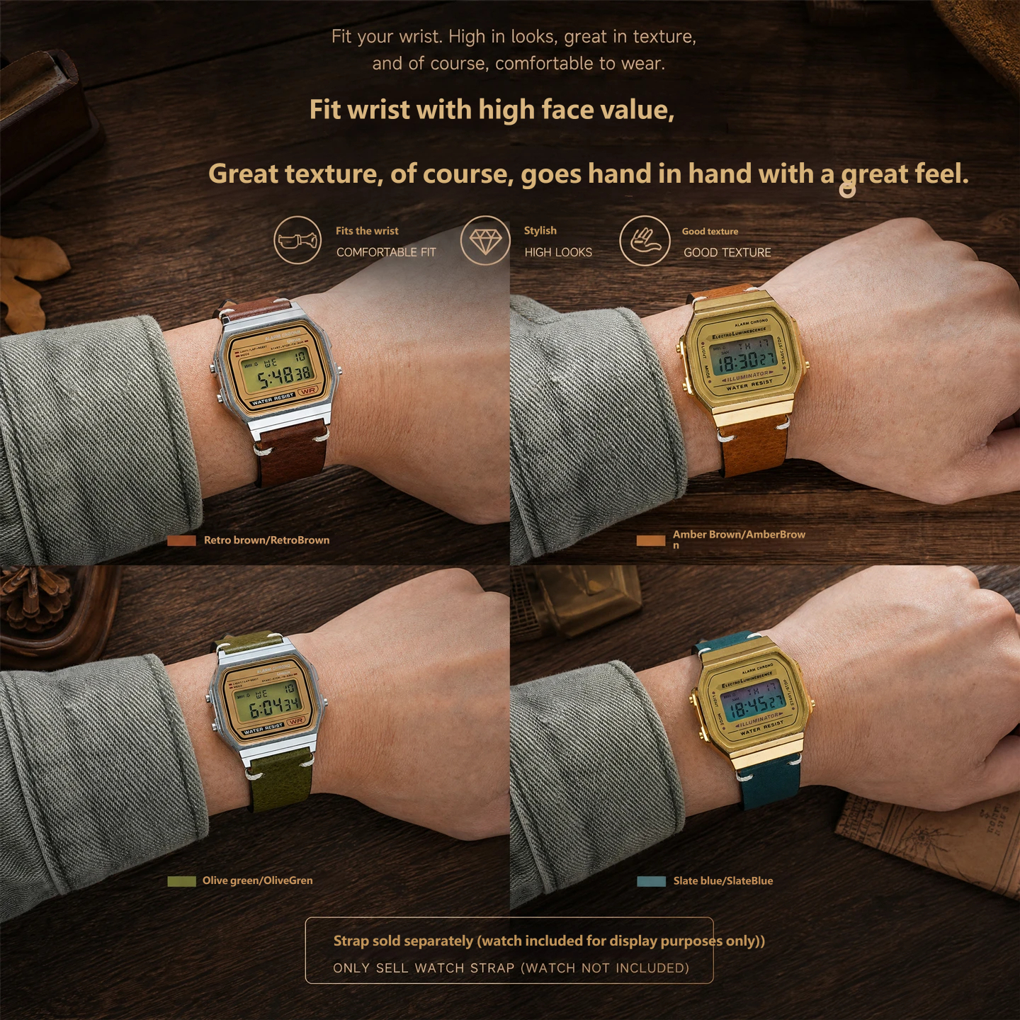 Retro genuine leather watch strap, 18mm, compatible with Casio A159/A158/A168/AE-1200 models