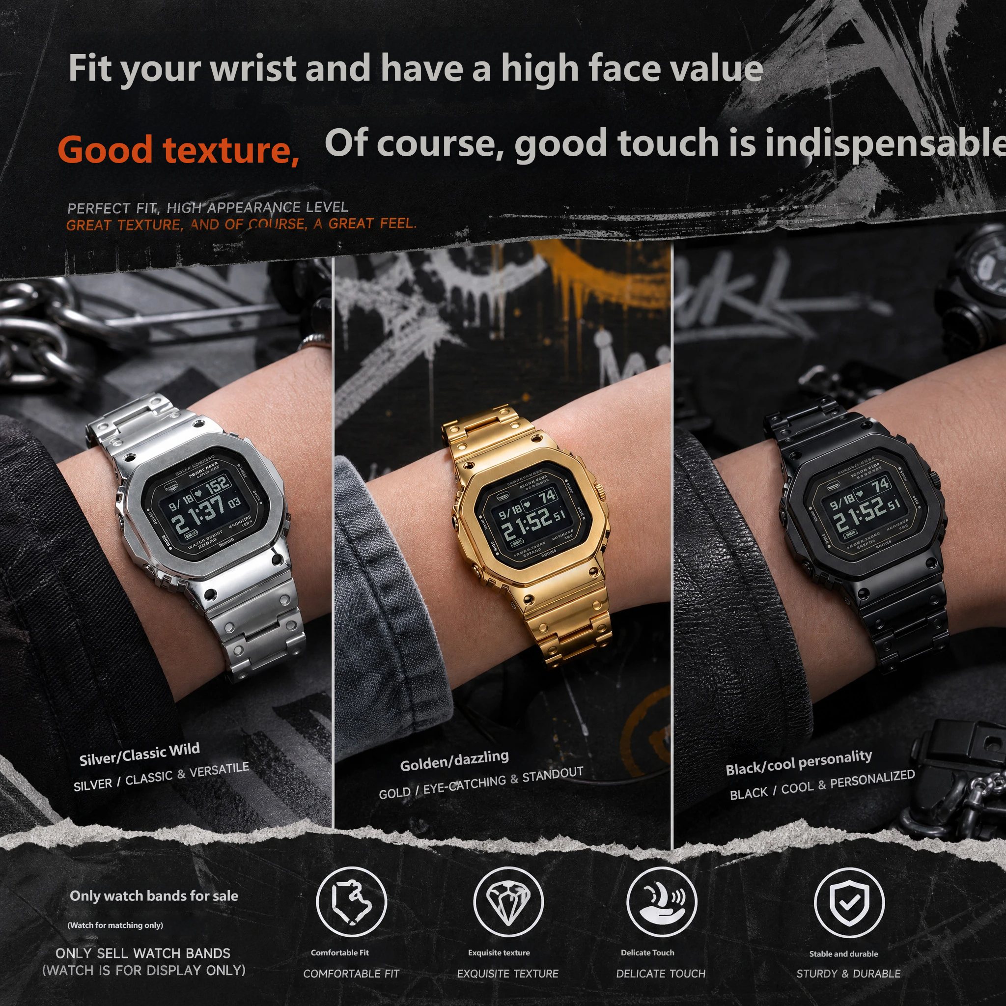 Fits the Casio GM-H5600 – custom-made solid stainless steel strap, 18mm