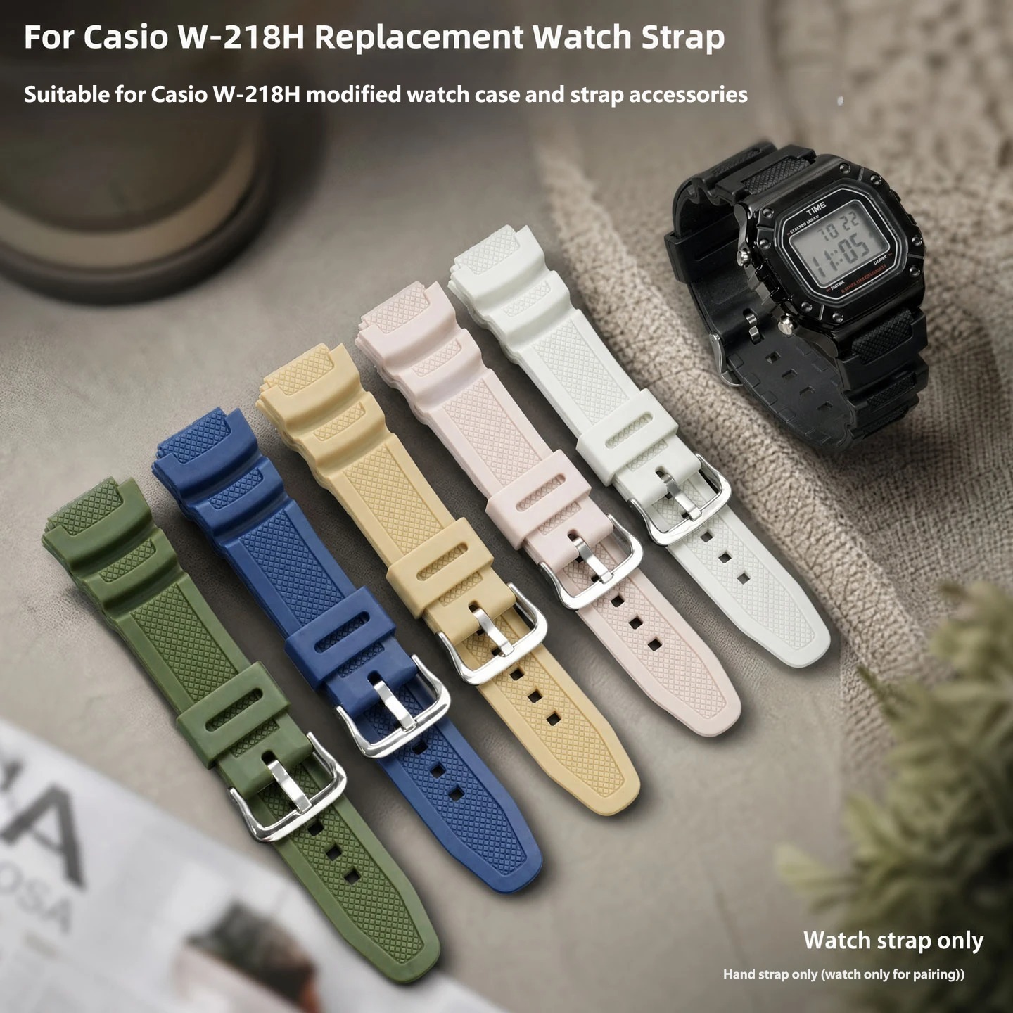 Compatible with the Casio W-218H: Stainless steel case and resin strap conversion set