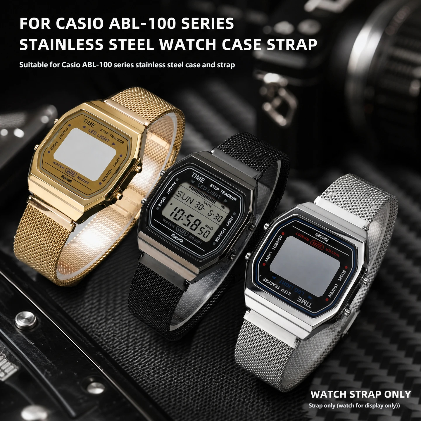 Compatible with the Casio ABL-100 series: a customised stainless steel case and strap set