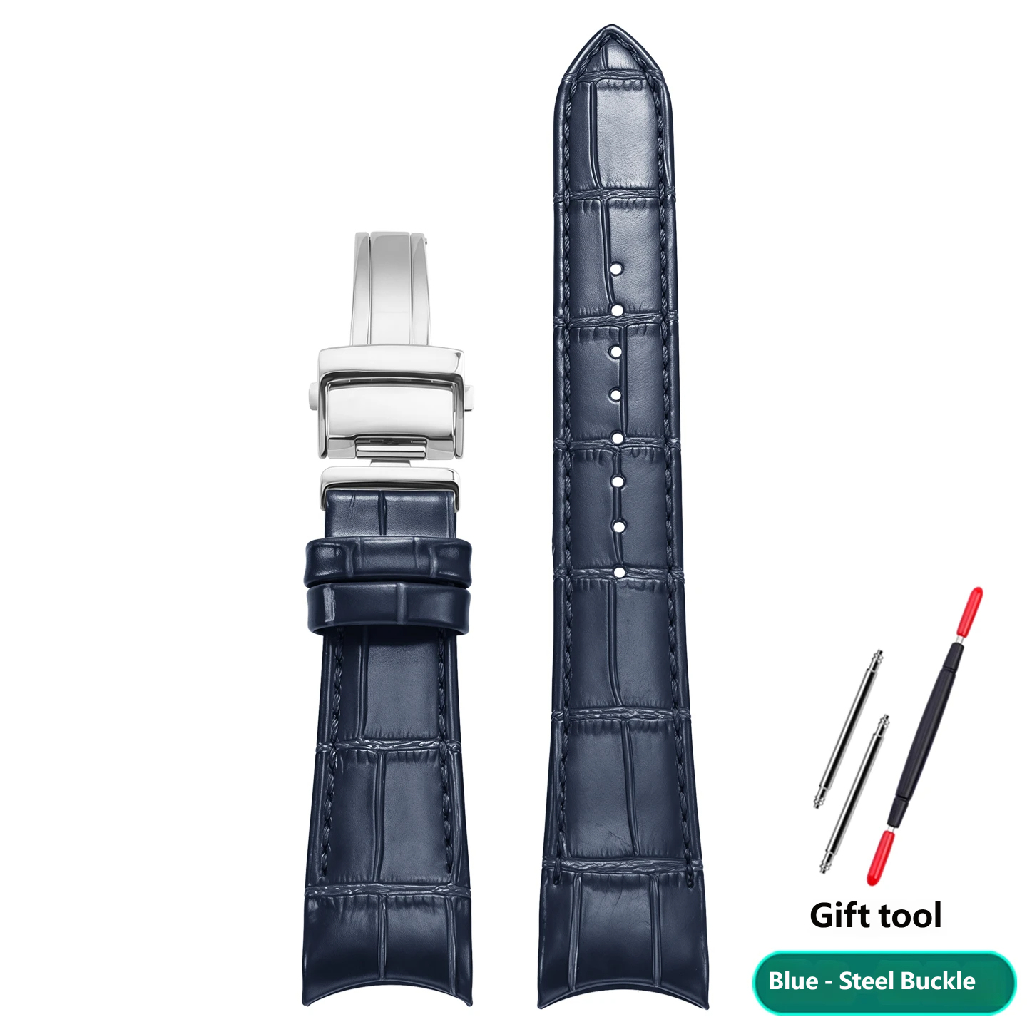 Genuine leather watch strap with a curved buckle, compatible with the Seiko SNP139/141/143/145 series, 22mm