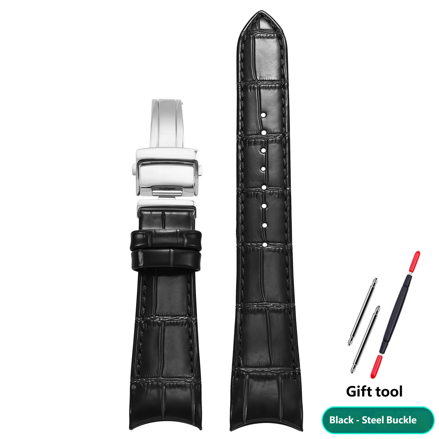 Genuine leather watch strap with a curved buckle, compatible with the Seiko SNP139/141/143/145 series, 22mm
