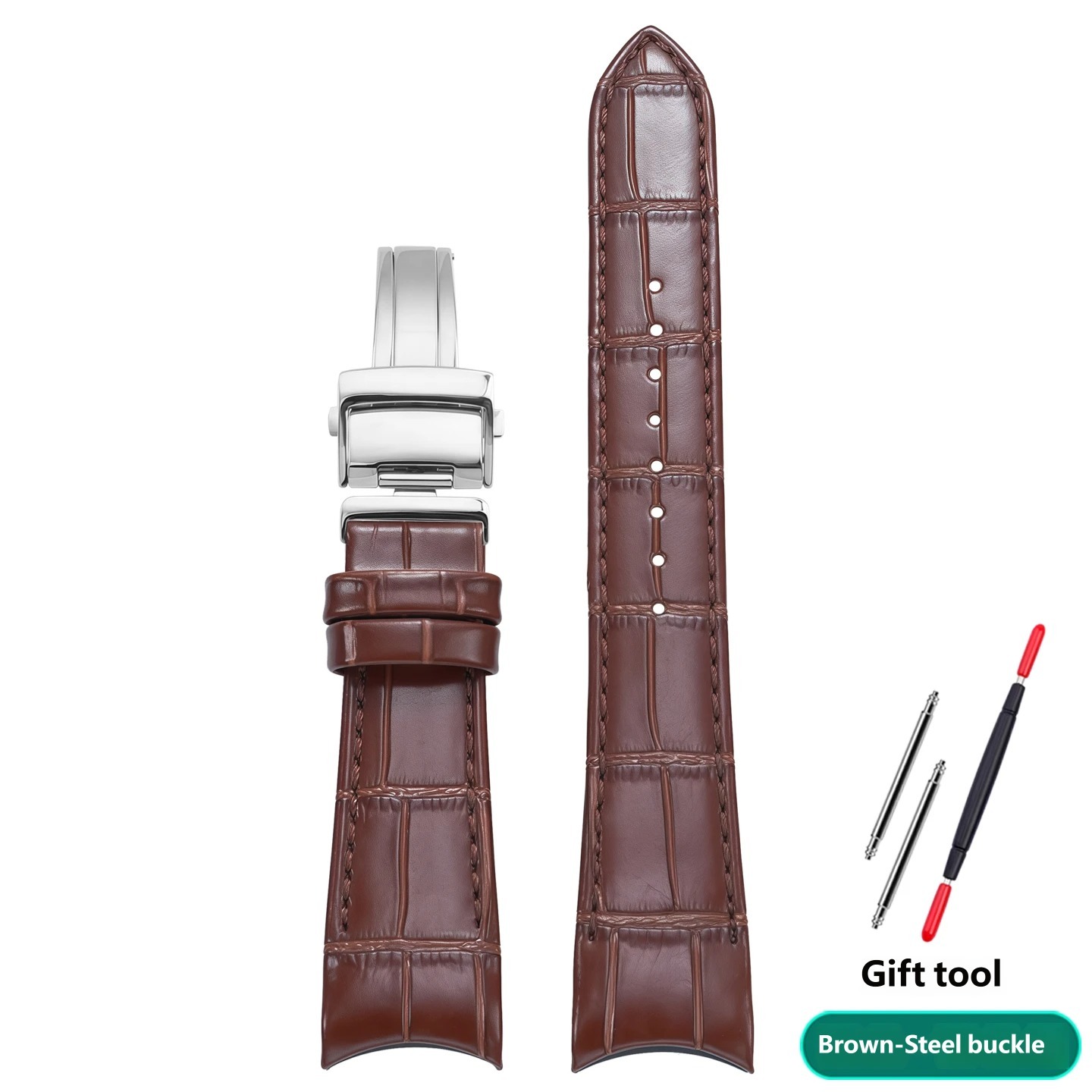Genuine leather watch strap with a curved buckle, compatible with the Seiko SNP139/141/143/145 series, 22mm