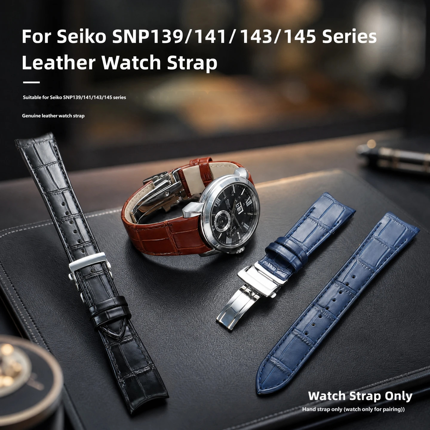 Genuine leather watch strap with a curved buckle, compatible with the Seiko SNP139/141/143/145 series, 22mm