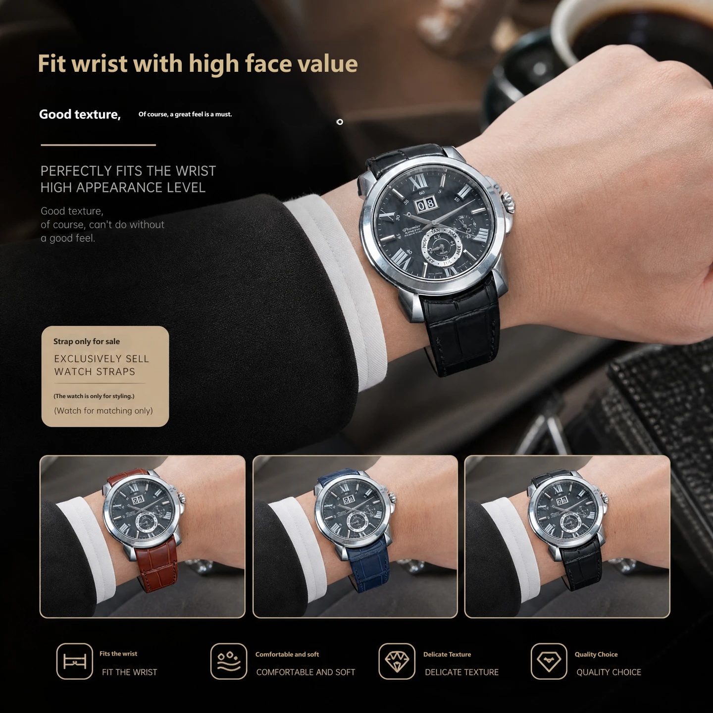 Genuine leather watch strap with a curved buckle, compatible with the Seiko SNP139/141/143/145 series, 22mm