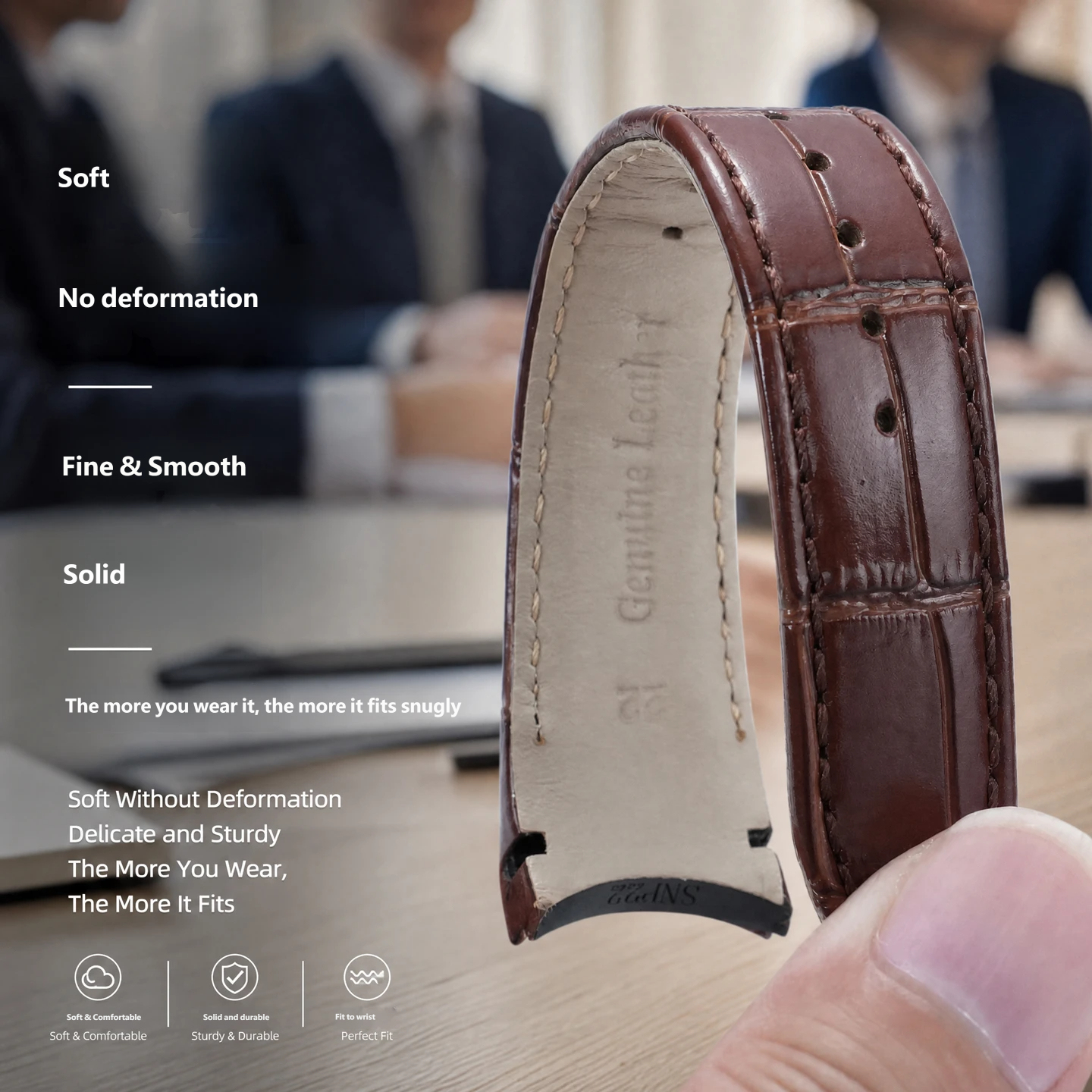Genuine leather watch strap with a curved buckle, compatible with the Seiko SNP139/141/143/145 series, 22mm