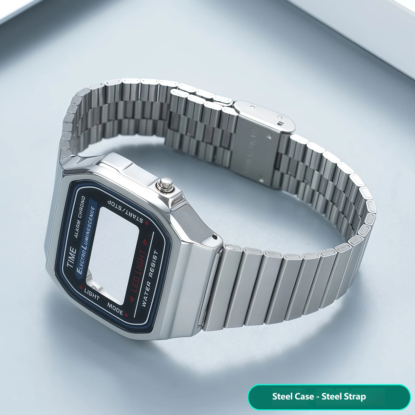 Compatible with the Casio A168 ‘Little Square’ – a stainless steel case and strap set