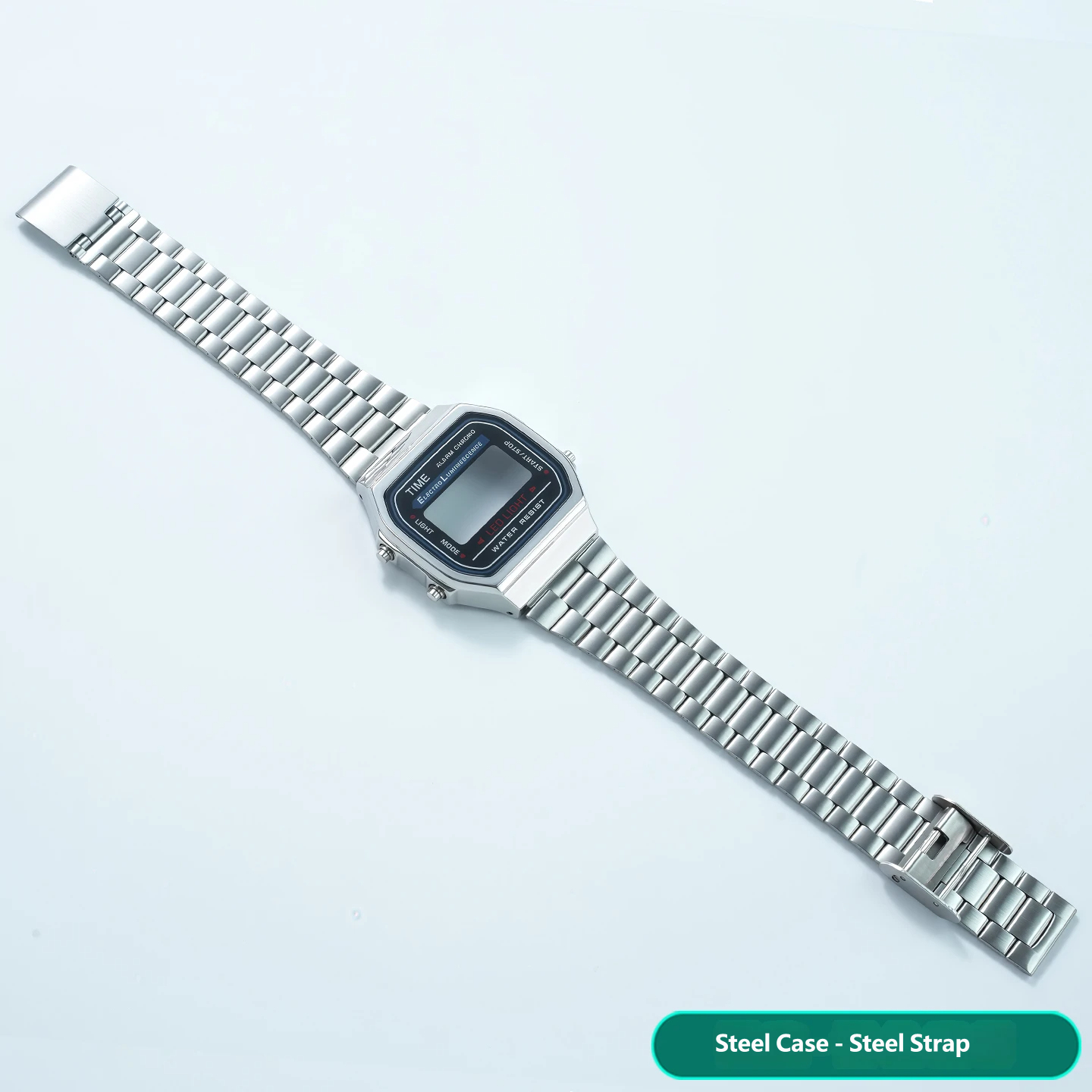 Compatible with the Casio A168 ‘Little Square’ – a stainless steel case and strap set