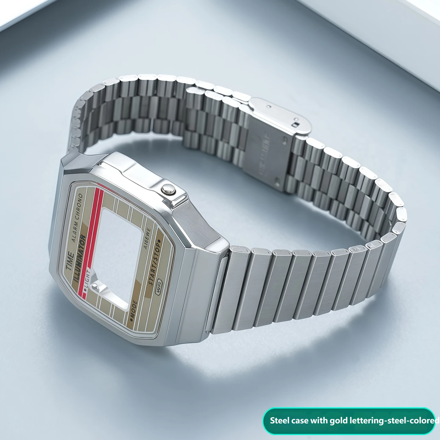 Compatible with the Casio A168 ‘Little Square’ – a stainless steel case and strap set