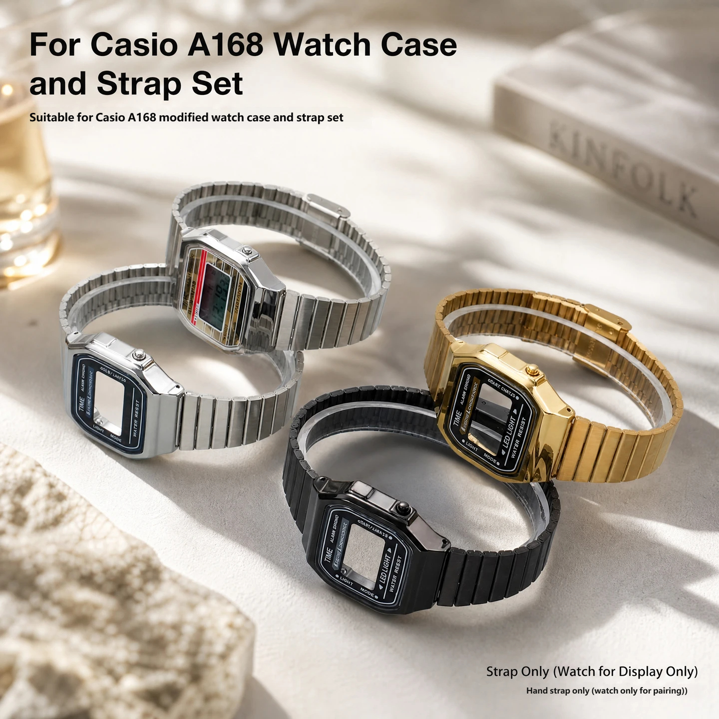Compatible with the Casio A168 ‘Little Square’ – a stainless steel case and strap set