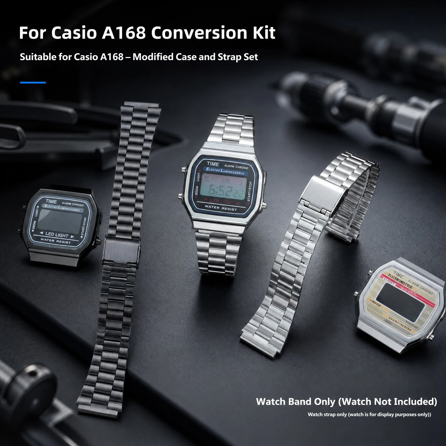 Compatible with the Casio A168 ‘Little Square’ – a stainless steel case and strap set