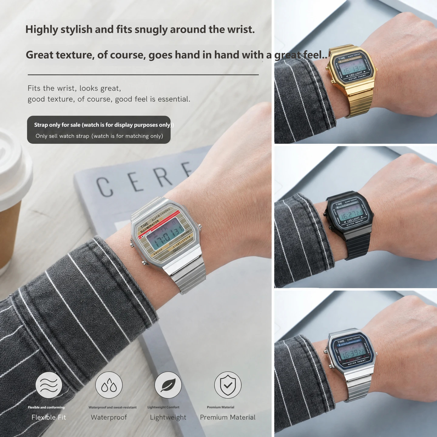 Compatible with the Casio A168 ‘Little Square’ – a stainless steel case and strap set