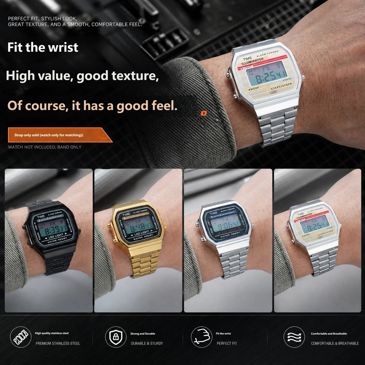 Compatible with the Casio A168 ‘Little Square’ – a stainless steel case and strap set