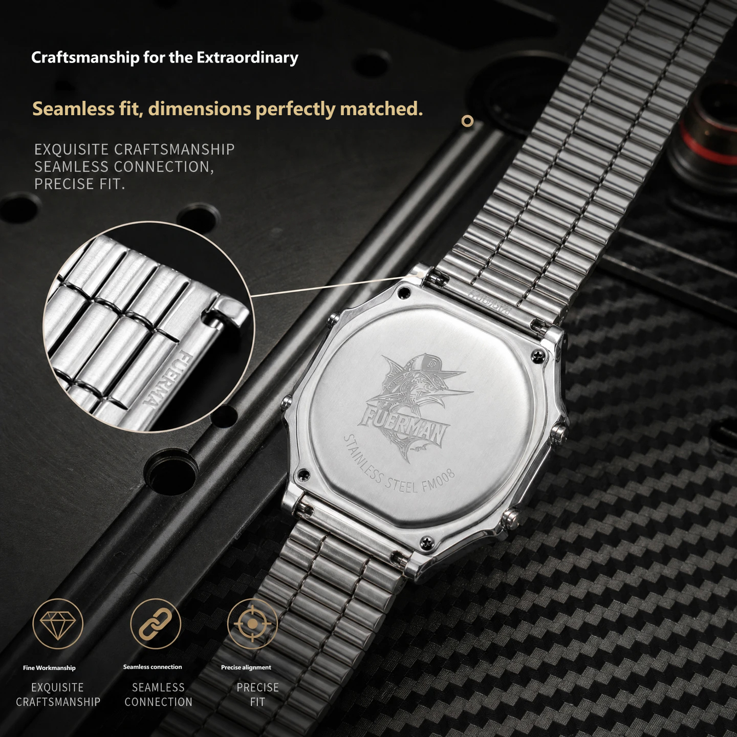 Compatible with the Casio A168 ‘Little Square’ – a stainless steel case and strap set