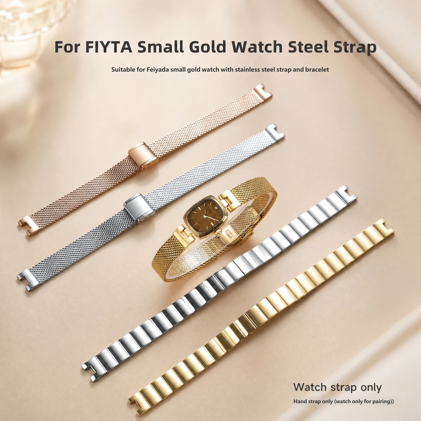 Stainless steel watch strap, 10 × 4 mm, designed to fit the Fiyta ‘Little Gold’ watch with a recessed buckle
