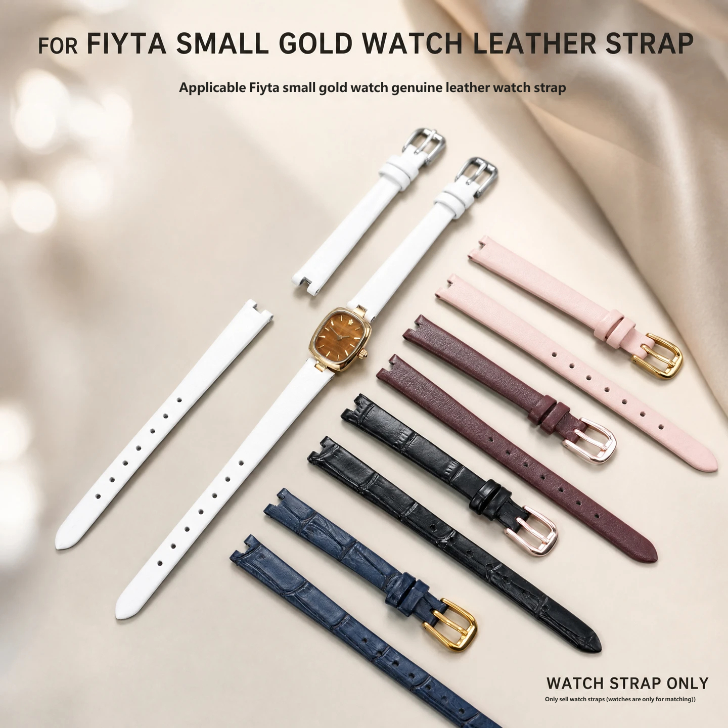 Retro genuine cowhide leather watch strap, 10 × 8 mm, designed to fit the Fiyta ‘Little Gold’ watch with a recessed bezel