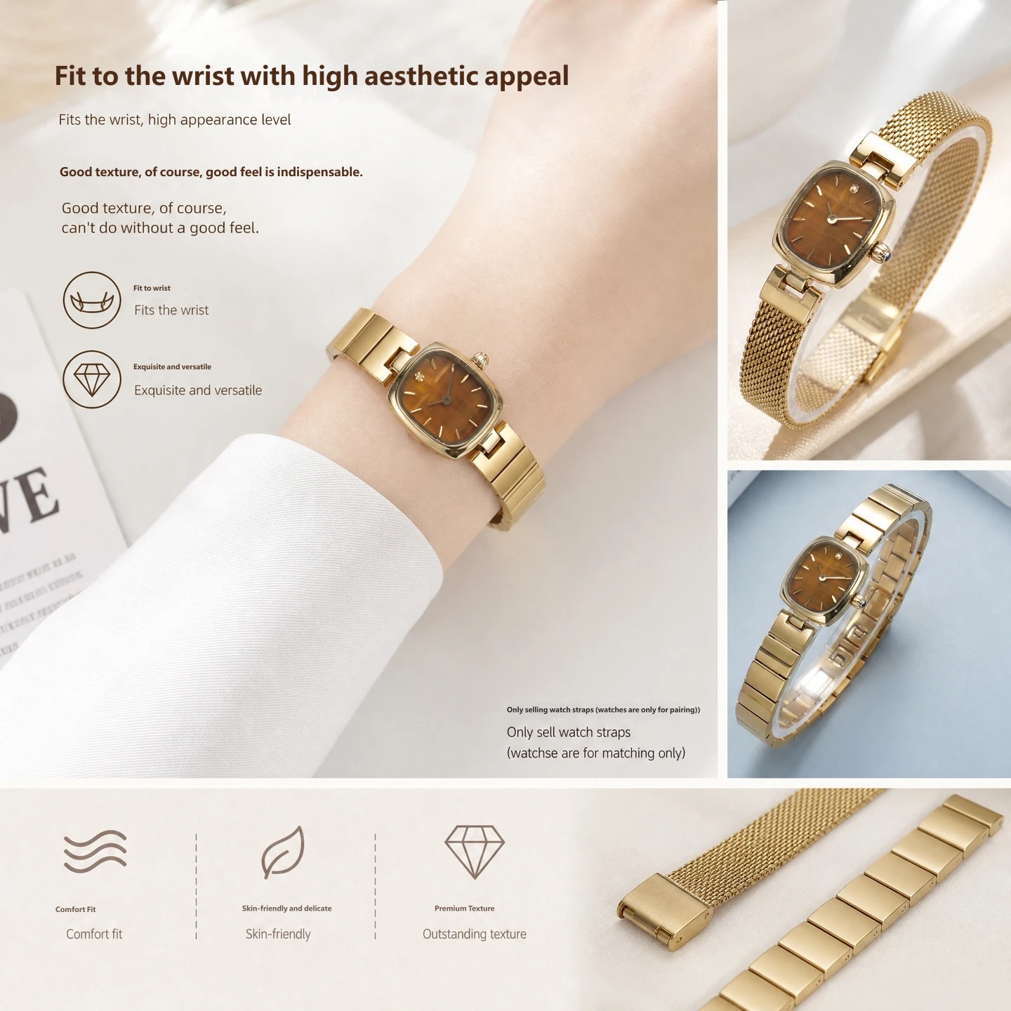 Stainless steel watch strap, 10 × 4 mm, designed to fit the Fiyta ‘Little Gold’ watch with a recessed buckle