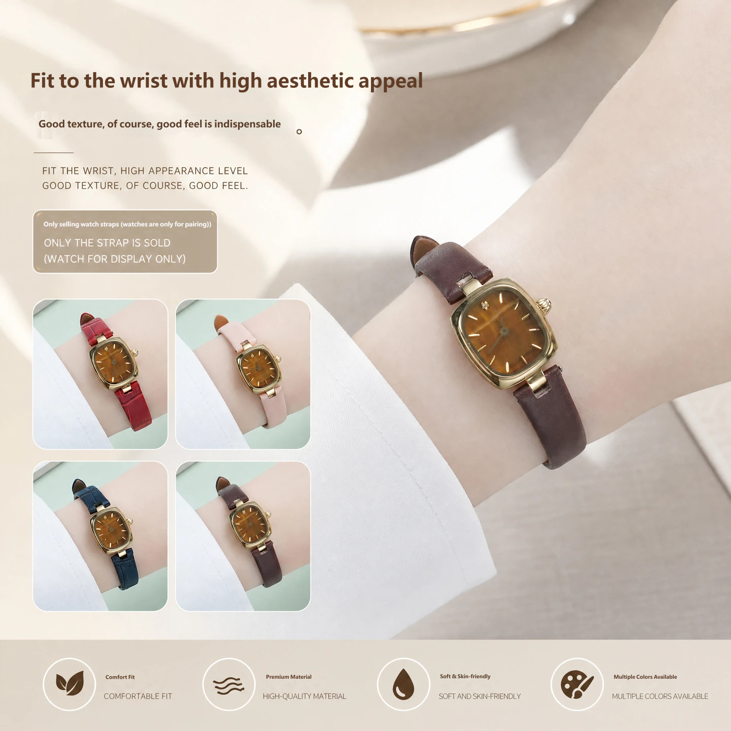 Retro genuine cowhide leather watch strap, 10 × 8 mm, designed to fit the Fiyta ‘Little Gold’ watch with a recessed bezel