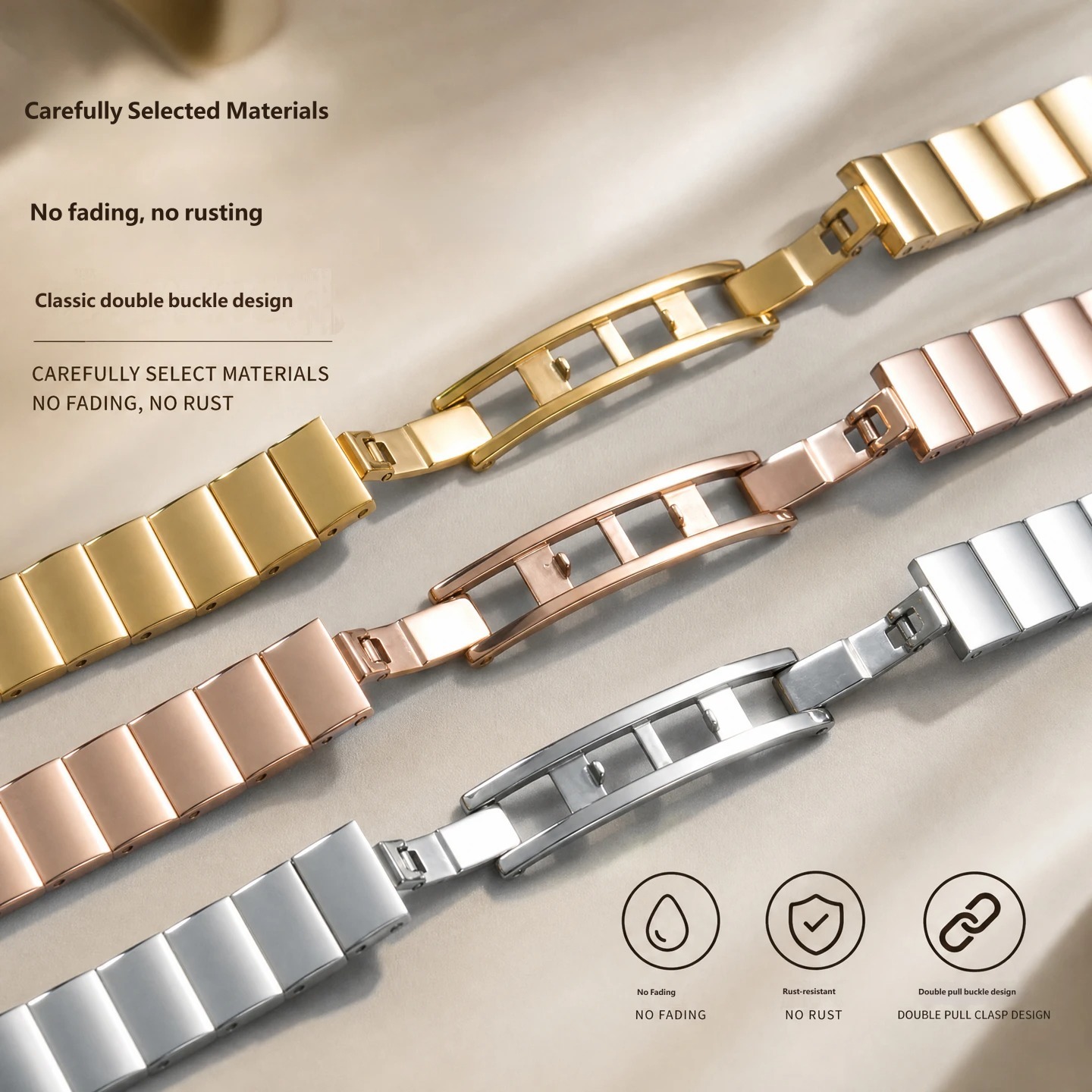 Stainless steel watch strap, 10 × 4 mm, designed to fit the Fiyta ‘Little Gold’ watch with a recessed buckle