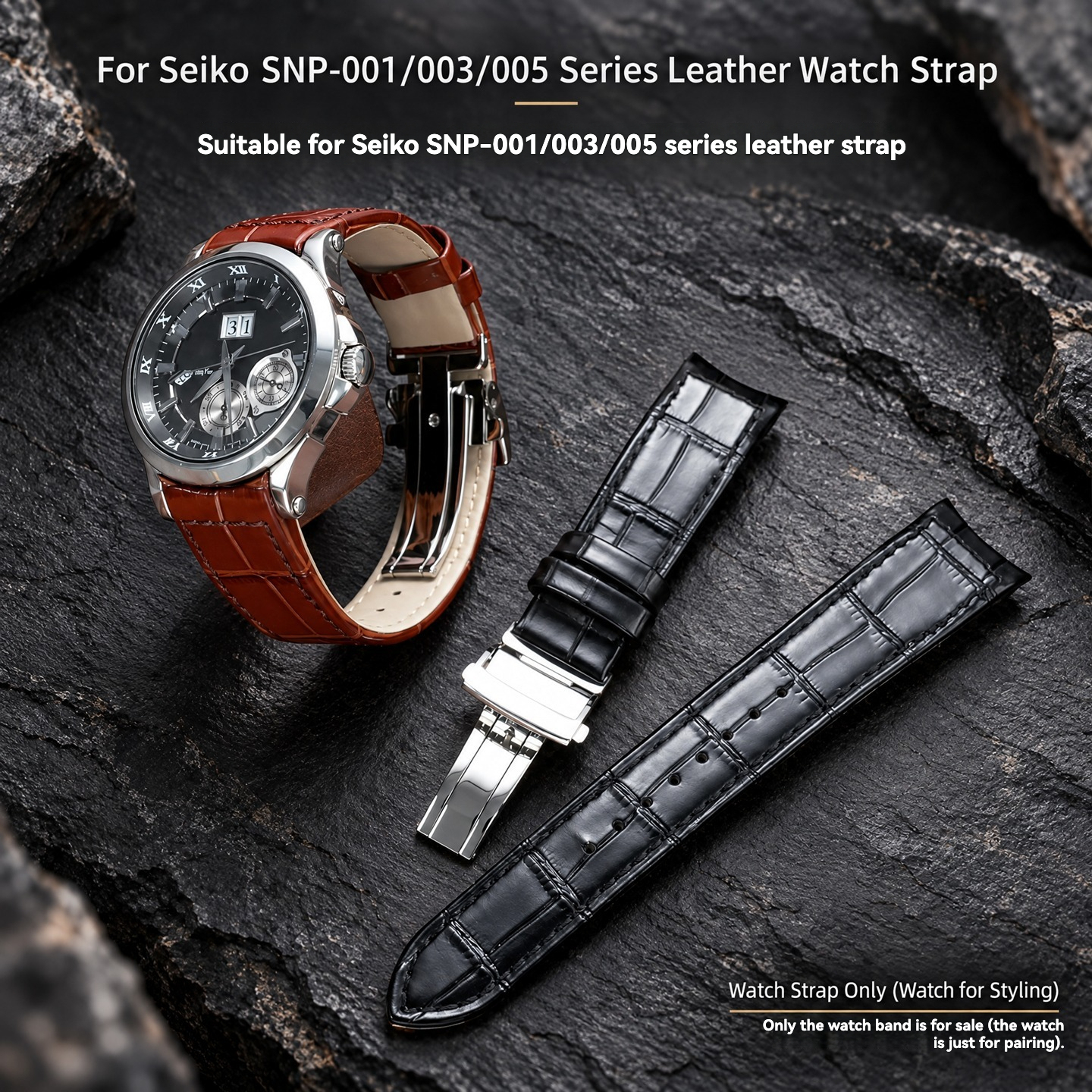 Genuine Leather Watch Strap with Curved Ends, 20 mm, Specifically Designed for Seiko Strap Series SNP-001/003/005