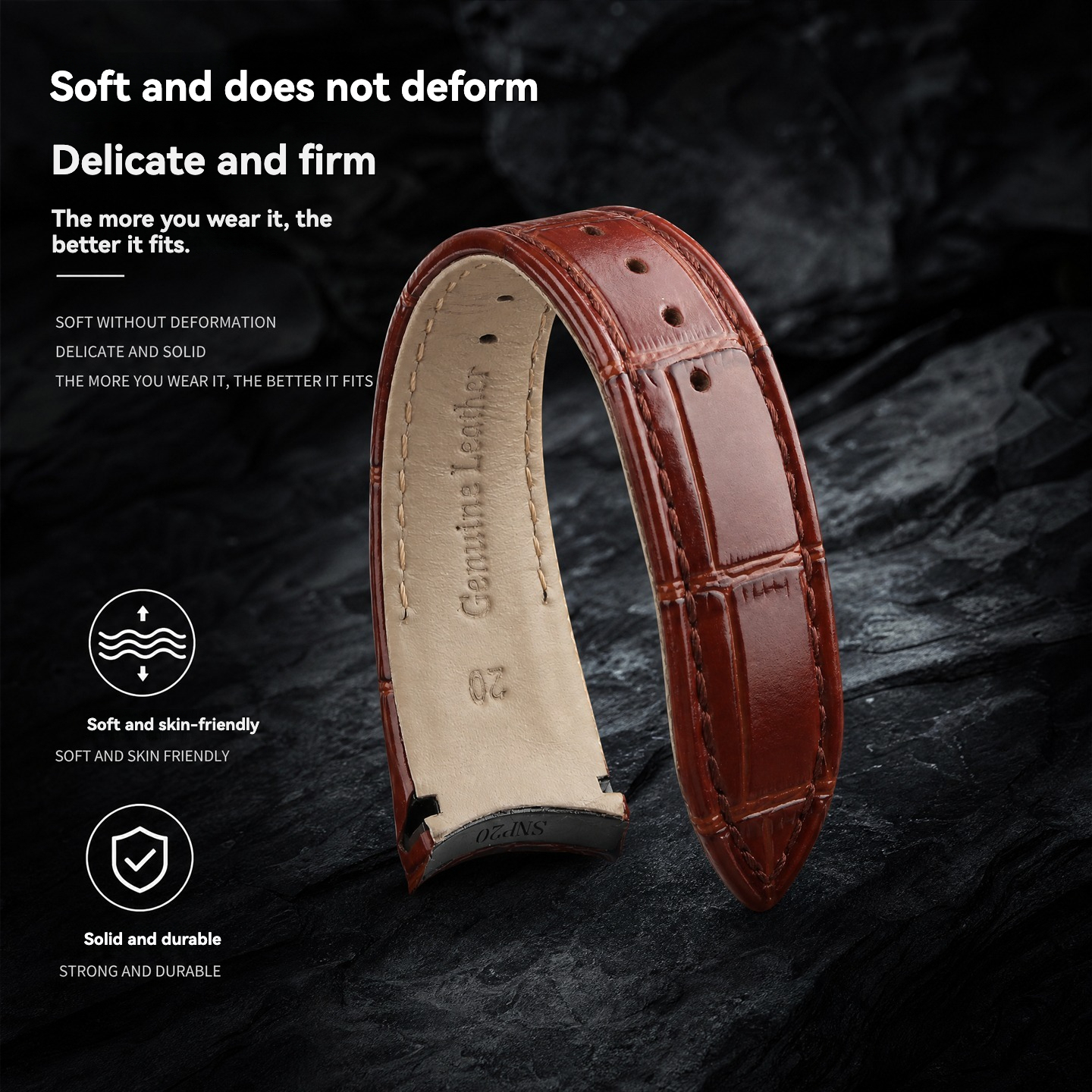 Genuine Leather Watch Strap with Curved Ends, 20 mm, Specifically Designed for Seiko Strap Series SNP-001/003/005