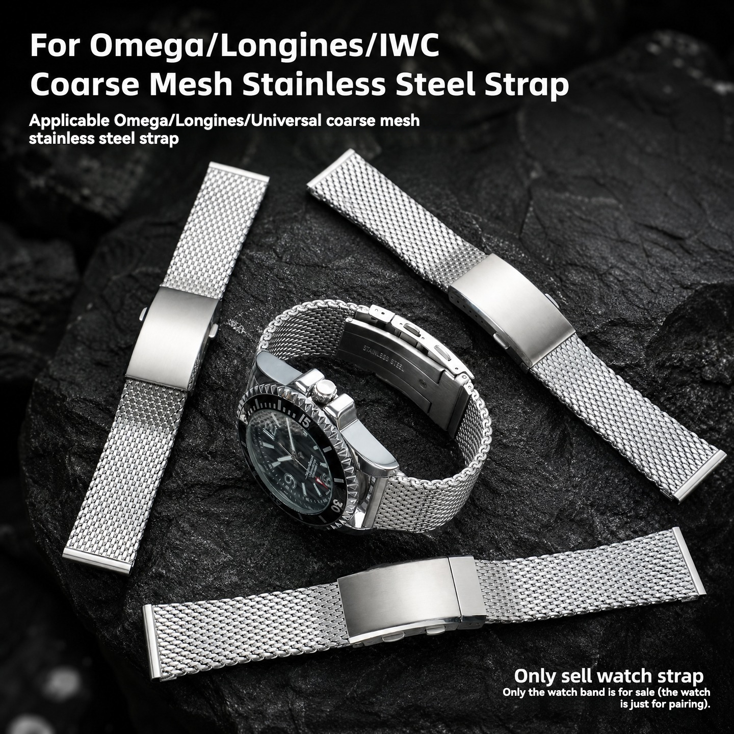 Universal Flat-End Mesh Strap Compatible with Omega, Longines, and IWC Series Coarse-Mesh Stainless Steel Watch Straps and Bracelets