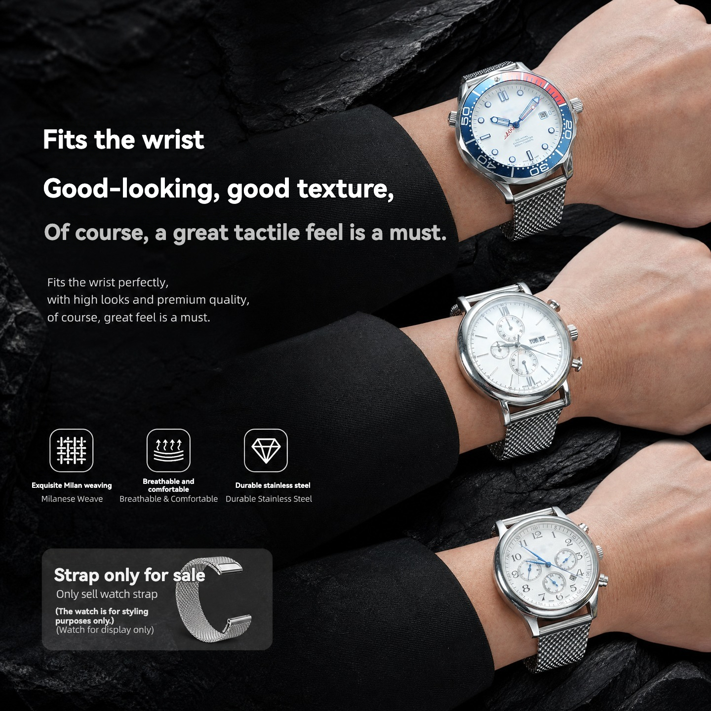 Universal Flat-End Mesh Strap Compatible with Omega, Longines, and IWC Series Coarse-Mesh Stainless Steel Watch Straps and Bracelets