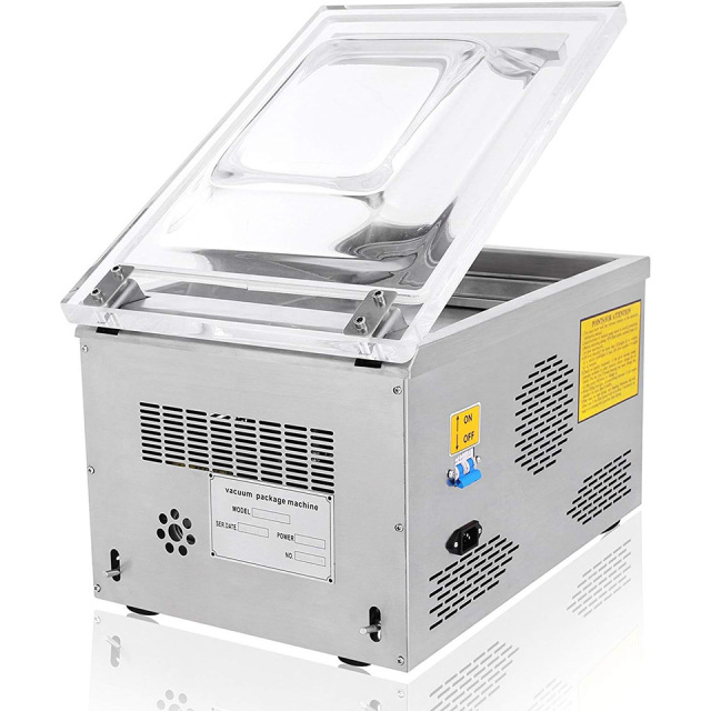 Máquina de embalagem a vácuo de mesa com selagem de 260 mm e bomba de 6,5 m³/h.