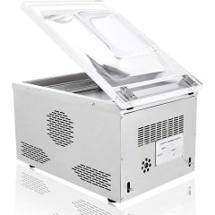 Máquina de embalagem a vácuo de mesa com selagem de 260 mm e bomba de 6,5 m³/h.
