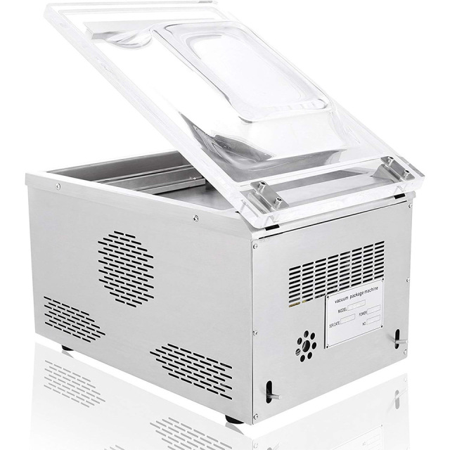 Máquina de embalagem a vácuo de mesa com selagem de 260 mm e bomba de 6,5 m³/h.