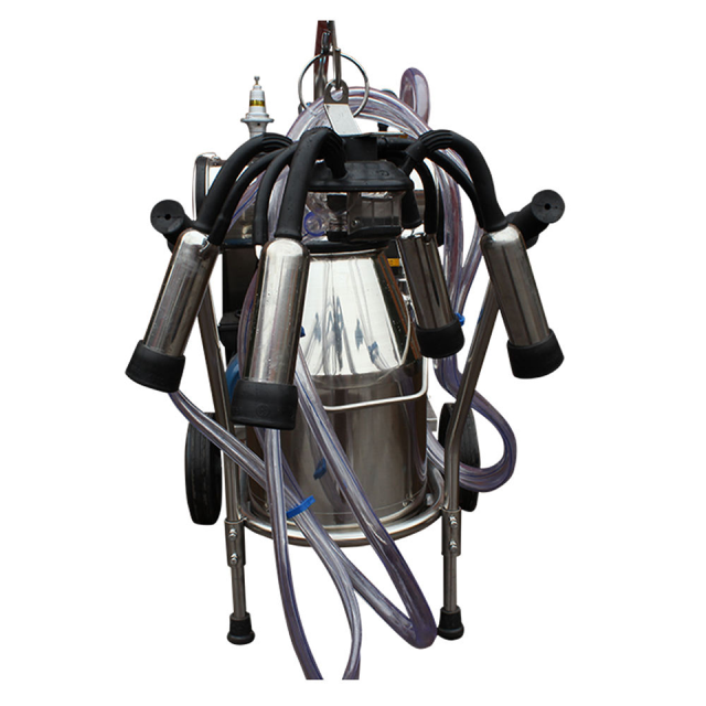 Máquina de ordenha a vácuo com balde simples ou duplo para fazendas leiteiras com capacidade para 10 a 24 vacas por hora.