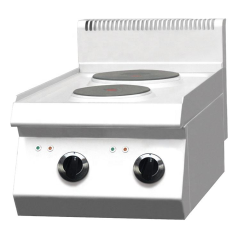 Fogão elétrico comercial de 2 bocas, em aço inoxidável, com controle manual, sistema de aquecimento duplo de 4,6 kW para cozinhas de restaurantes e serviços de catering, com design compacto, aquecimento rápido e compatibilidade com voltagem industrial.