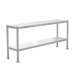 Bancada de trabalho comercial em aço inoxidável Inox de dois níveis para cozinhas e serviços de alimentação.